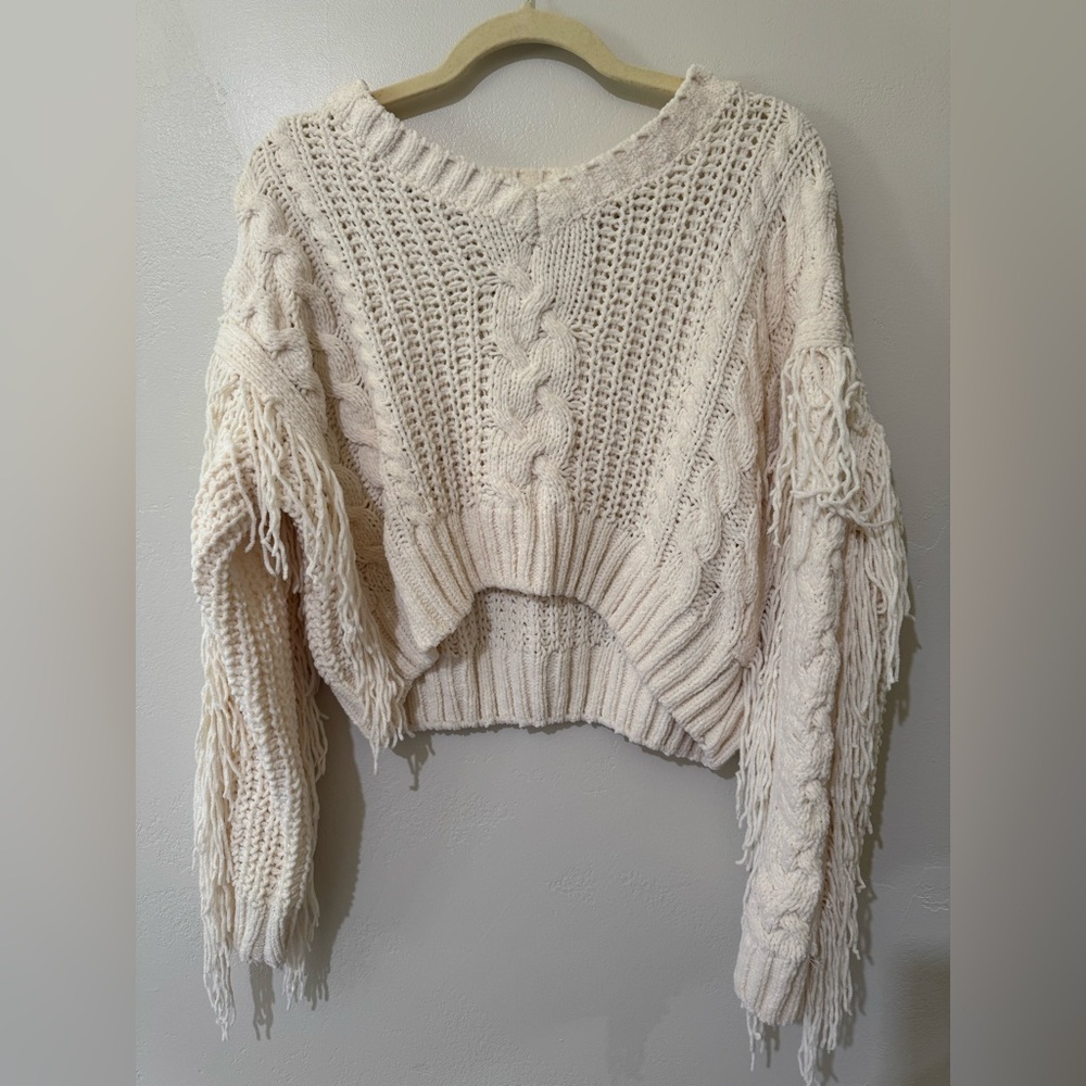 Hooked Up by IOT Cream Fringe Cable Knit Sweater